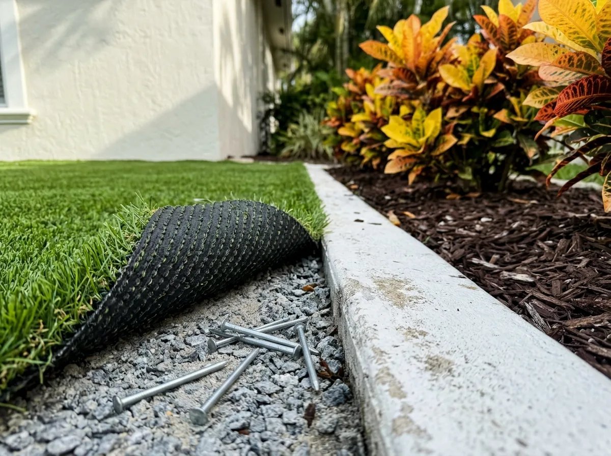 Edge of artificial grass curling up from a white concrete mow strip along a planting bed, a few loose galvanized nails lying on the stone base