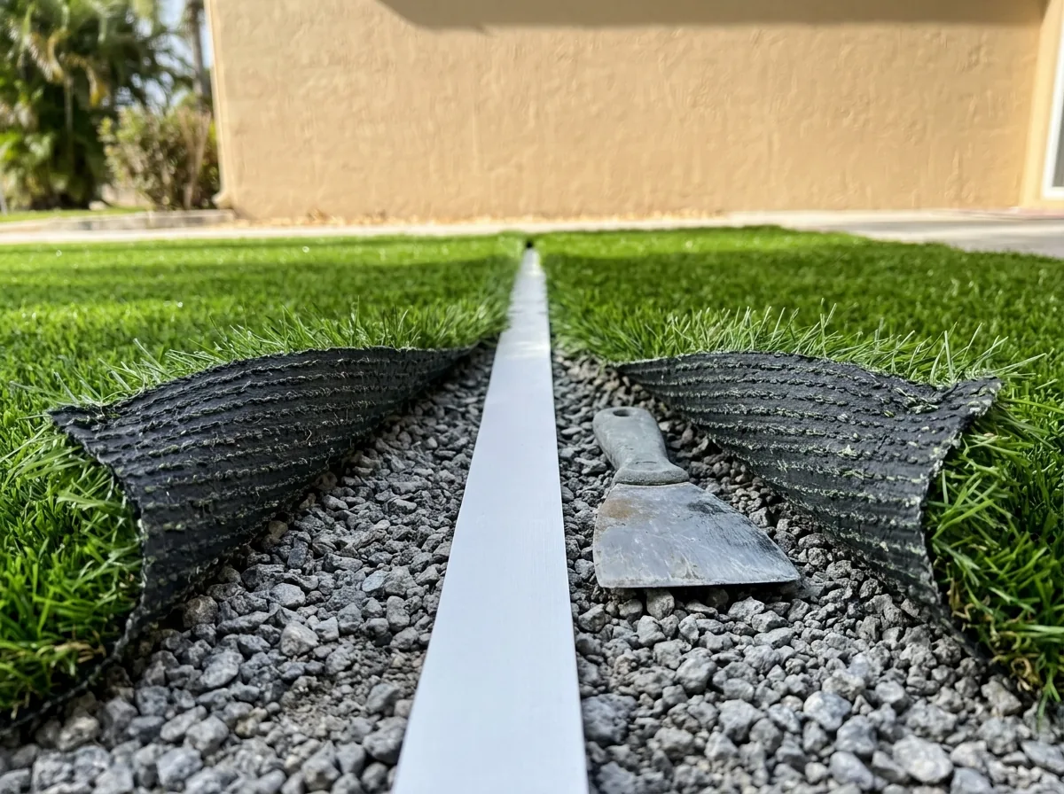 Two edges of artificial grass folded back along an open seam, a strip of white seam tape on the gray crushed-rock base beneath, a putty knife beside it