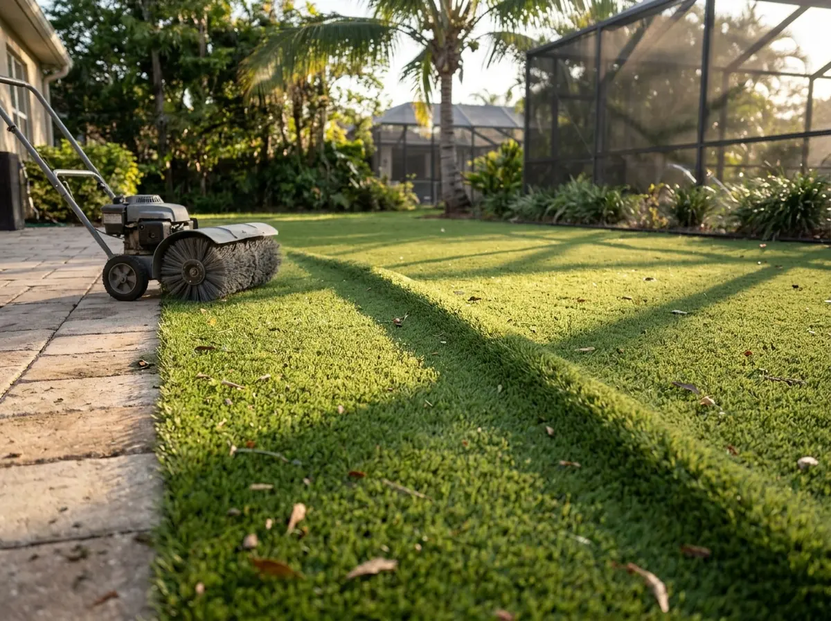 Ripple running across an artificial grass lawn in low morning light, shadow showing the raised fold, a power broom parked at the lawn edge