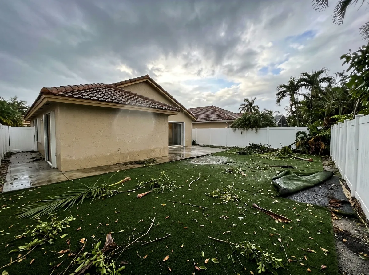 Artificial grass lawn behind a stucco home after a storm, palm fronds and debris scattered across it, one corner peeled back near a fence