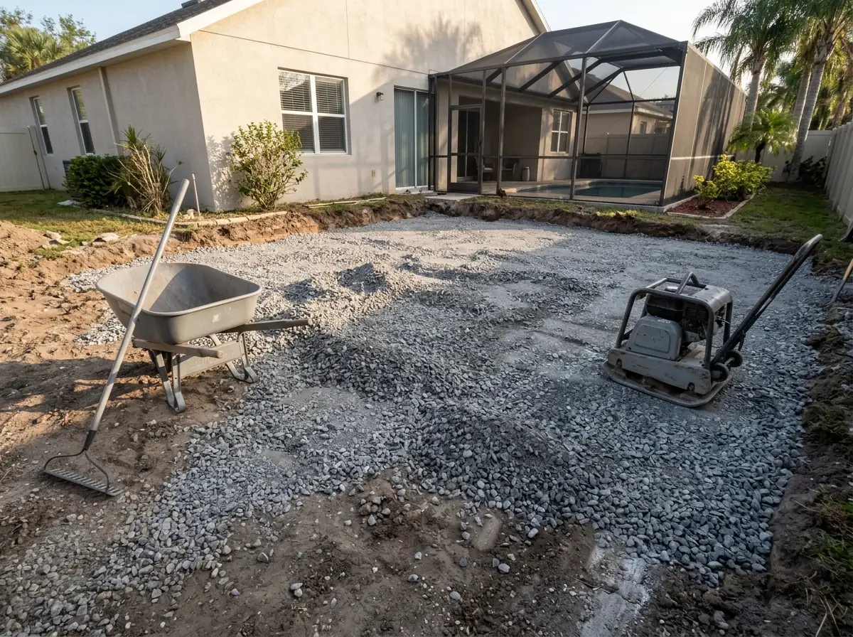 Excavated backyard with old base material dug out, a fresh layer of gray crushed rock being leveled with a rake, a plate compactor nearby