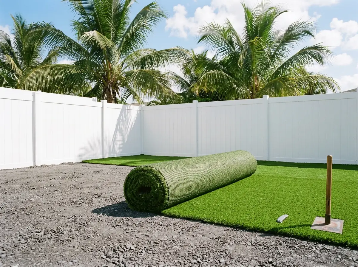 Roll of new artificial grass being unrolled over a smooth, compacted gray stone base in a fenced backyard, palm trees beyond the fence
