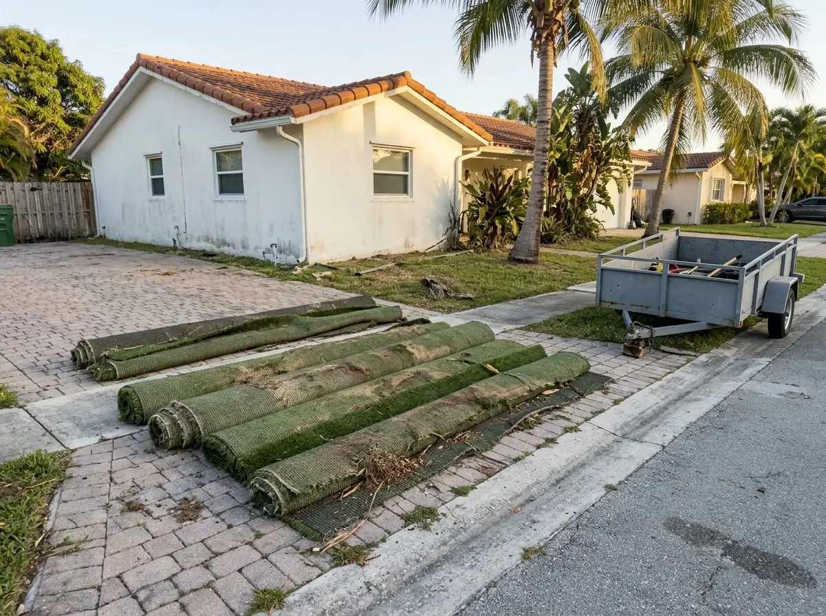 Faded artificial turf cut into long strips and rolled up on a driveway beside a stucco home, a plain gray utility trailer waiting at the curb