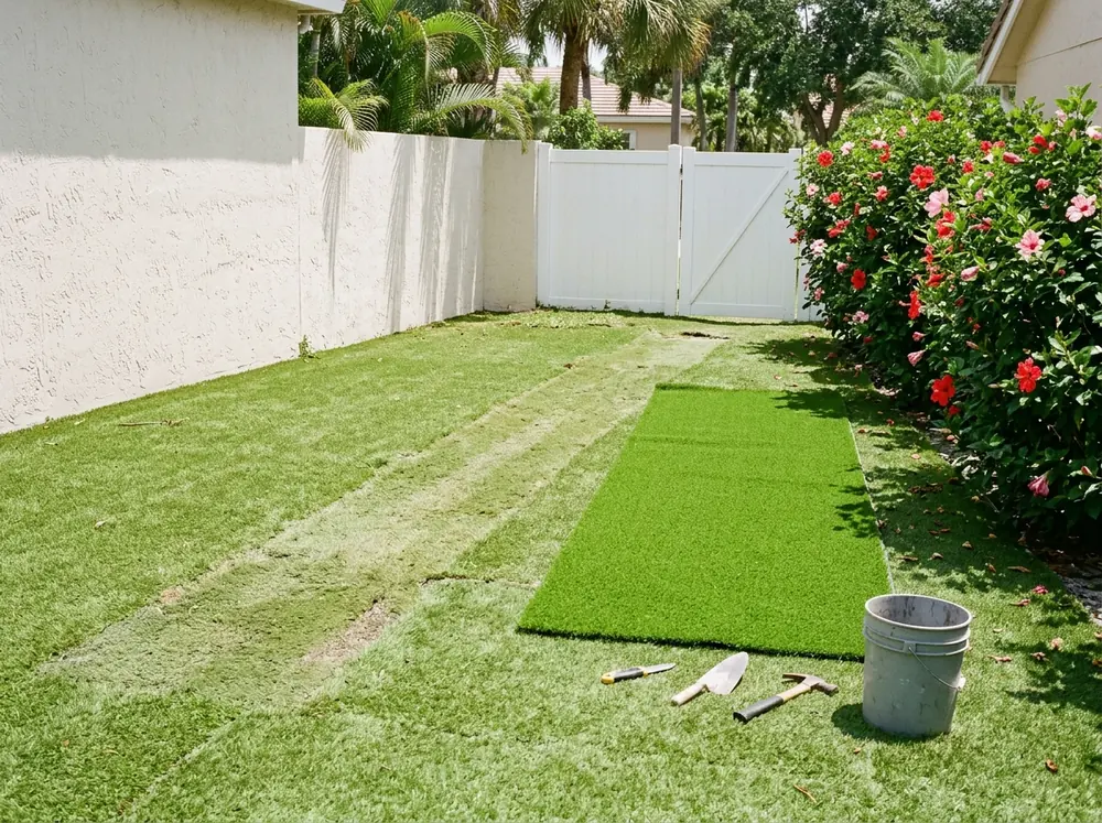 Worn, flattened strip of artificial grass along a path to a back gate, a freshly cut rectangle of new turf rolled out beside it ready to fit